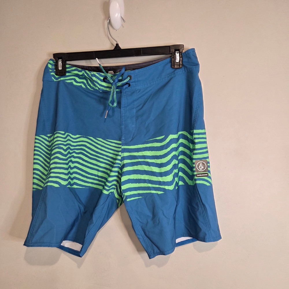 Volcom Board Shorts Mens 34 Blue Green Graphic Surf Swim Trunks Beachwear Sport
